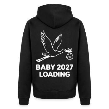 Baby 2027 Loading Storch - Unisex Premium Bio Zip Hoodie - Schwarz - Hinten - Nico (187cm)