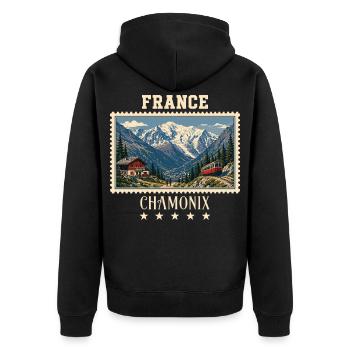 Frankreich Chamonix Vintage Reisemarke - Unisex Premium Bio Zip Hoodie - Schwarz - Hinten - Nico (187cm)