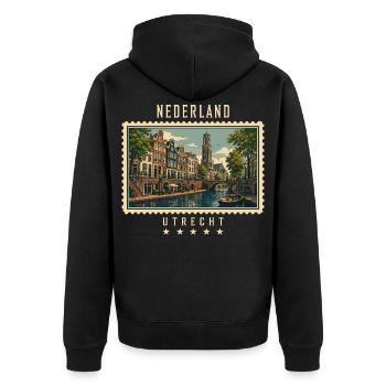 Niederlande Utrecht Vintage Reisemarke - Unisex Premium Bio Zip Hoodie - Schwarz - Hinten - Nico (187cm)