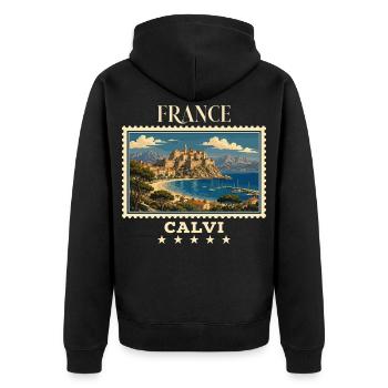 Frankreich Calvi Vintage Reisemarke - Unisex Premium Bio Zip Hoodie - Schwarz - Hinten - Nico (187cm)