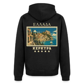 Griechenland Korfu Vintage Reisemarke - Unisex Premium Bio Zip Hoodie - Schwarz - Hinten - Nico (187cm)