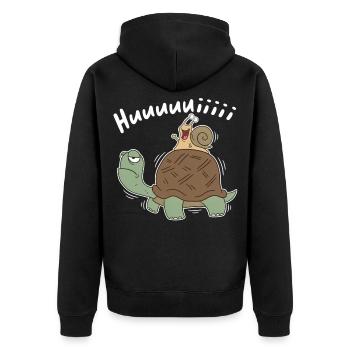 Hui – Schnecke reitet Schildkröte Cartoon - Unisex Premium Bio Zip Hoodie - Schwarz - Hinten - Nico (187cm)