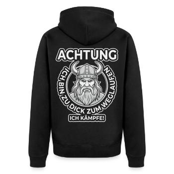 Zu dick zum Rennen – Ich kämpfe Wikinger - Unisex Premium Bio Zip Hoodie - Schwarz - Hinten - Nico (187cm)