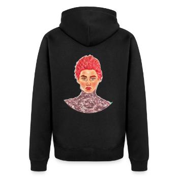 Texturiertes, glänzendes rotes Porträt - Unisex Premium Bio Zip Hoodie - Schwarz - Hinten - Nico (187cm)