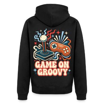 Game On Groovy Retro Gaming - Unisex Premium Bio Zip Hoodie - Schwarz - Hinten - Nico (187cm)