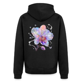 Irisierende Orchidee in Wassersplittern - Unisex Premium Bio Zip Hoodie - Schwarz - Hinten - Nico (187cm)