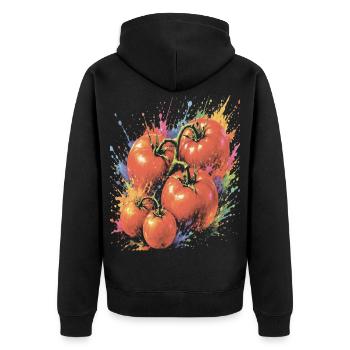 Tomato on the Vine, mehrfarbiges Gemüse, Splash Art - Unisex Premium Bio Zip Hoodie - Schwarz - Hinten - Nico (187cm)
