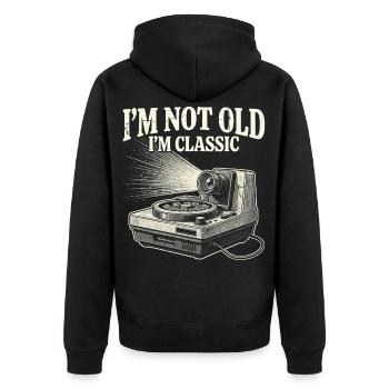 Nicht alt, ich bin klassisches Kameradesign - Unisex Premium Bio Zip Hoodie - Schwarz - Hinten - Nico (187cm)