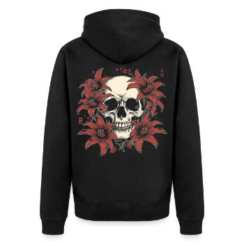 Roter Lilien-Schädel Blüte - Unisex Premium Bio Zip Hoodie - Schwarz - Hinten - Nico (187cm)