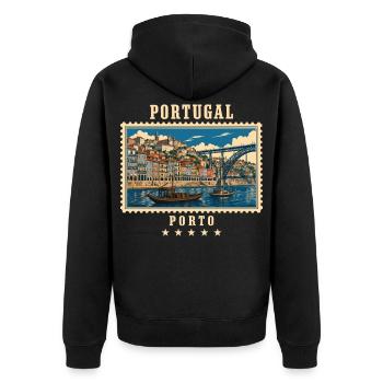 Portugal Porto Vintage Reisemarke - Unisex Premium Bio Zip Hoodie - Schwarz - Hinten - Nico (187cm)