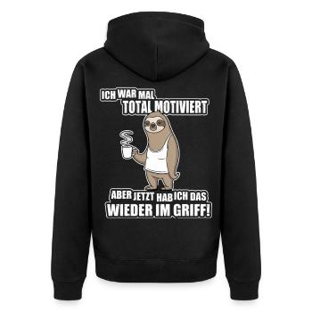 Faultier Spruch – War mal motiviert - Unisex Premium Bio Zip Hoodie - Schwarz - Hinten - Nico (187cm)
