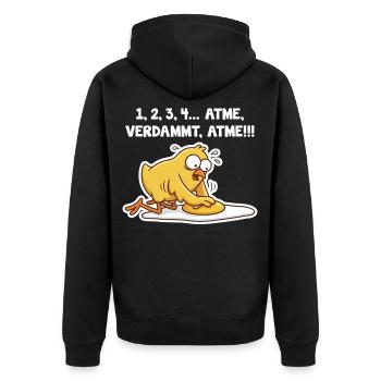 Küken rettet Spiegelei – Atme Spruch - Unisex Premium Bio Zip Hoodie - Schwarz - Hinten - Nico (187cm)