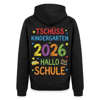 Einschulung 2026 Tschüss Kindergarten Hallo Schule - Unisex Premium Bio Zip Hoodie - Schwarz - Hinten - Nico (187cm)
