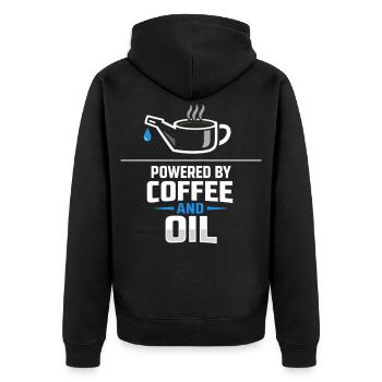 Powered By Coffee And Oil Schrauber Spruch Kaffee - Unisex Premium Bio Zip Hoodie - Schwarz - Hinten - Nico (187cm)