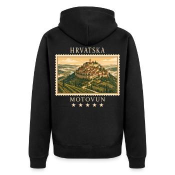 Kroatien Motovun Vintage Reisemarke - Unisex Premium Bio Zip Hoodie - Schwarz - Hinten - Nico (187cm)