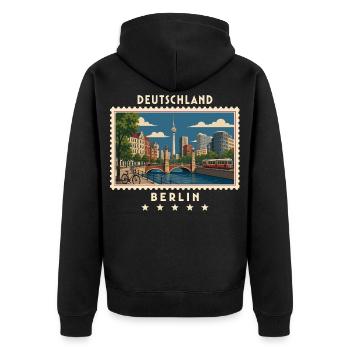 Deutschland Berlin Vintage Reisemarke - Unisex Premium Bio Zip Hoodie - Schwarz - Hinten - Nico (187cm)