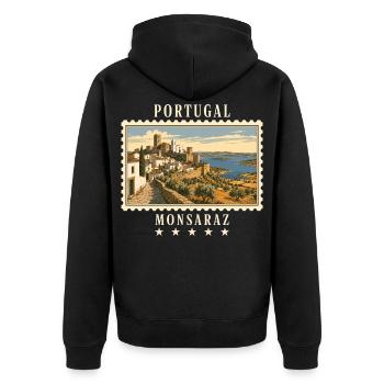 Portugal Monsaraz Vintage Reisemarke - Unisex Premium Bio Zip Hoodie - Schwarz - Hinten - Nico (187cm)
