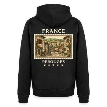 Frankreich Pérouges Vintage Reisemarke - Unisex Premium Bio Zip Hoodie - Schwarz - Hinten - Nico (187cm)
