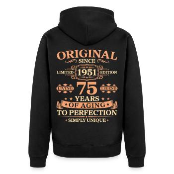 Original since 1951 Birthday 75 Years - Unisex Premium Bio Zip Hoodie - Schwarz - Hinten - Nico (187cm)