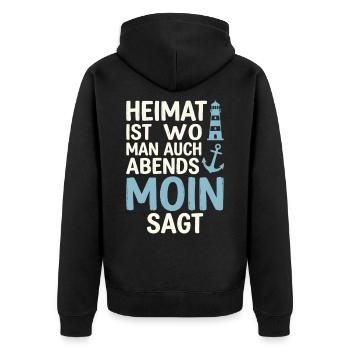 Heimat ist wo man auch abends Moin sagt  - Unisex Premium Bio Zip Hoodie - Schwarz - Hinten - Nico (187cm)