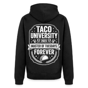 Taco University Master of Tuesdays - Unisex Premium Bio Zip Hoodie - Schwarz - Hinten - Nico (187cm)