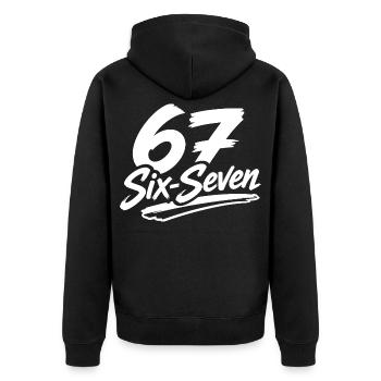 six seven | Zahlenduo 6 und 7 | Fröhliche Ziffern - Unisex Premium Bio Zip Hoodie - Schwarz - Hinten - Nico (187cm)