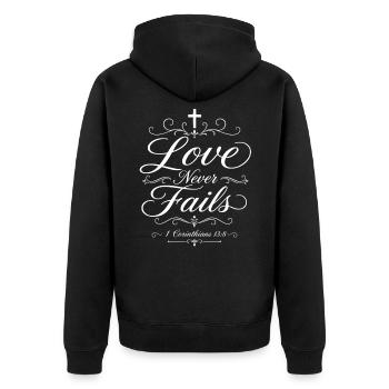 Liebe versagt nie – Christlich – Korinther - Unisex Premium Bio Zip Hoodie - Schwarz - Hinten - Nico (187cm)