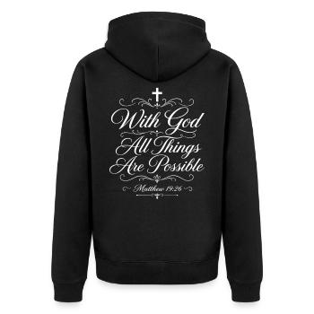 Mit Gott ist alles möglich – Matthäus 19,26 - Unisex Premium Bio Zip Hoodie - Schwarz - Hinten - Nico (187cm)