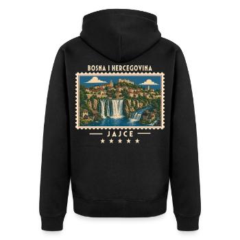 Bosnien und Herzegowina Jajce Vintage Reisemarke - Unisex Premium Bio Zip Hoodie - Schwarz - Hinten - Nico (187cm)
