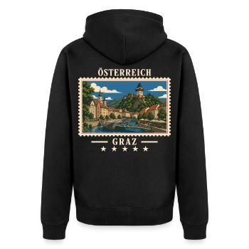 Österreich Graz Vintage Reisemarke - Unisex Premium Bio Zip Hoodie - Schwarz - Hinten - Nico (187cm)