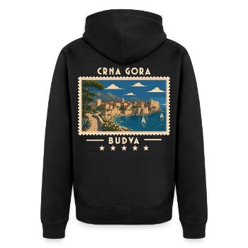 Montenegro Budva Vintage Reisemarke - Unisex Premium Bio Zip Hoodie - Schwarz - Hinten - Nico (187cm)