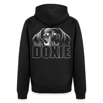 Portrait de teckel avec lettres DOXIE - Veste à capuche bio Premium Unisexe - noir - Dos - Nico (187cm)