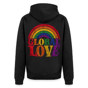 Global Love Regenbogen CSD Pride Spruch Shirt  - Unisex Premium Bio Zip Hoodie - Schwarz - Hinten - Nico (187cm)
