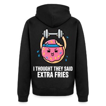 Donut beim Training mit Hantel - Unisex Premium Bio Zip Hoodie - Schwarz - Hinten - Nico (187cm)