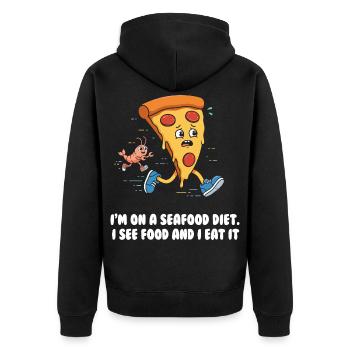 Seafood Diet Wortwitz mit Pizza und Garnele - Unisex Premium Bio Zip Hoodie - Schwarz - Hinten - Nico (187cm)