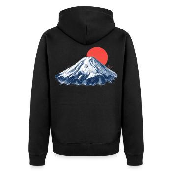 Geometrischer Berg mit roter Sonne  Origami Fuji - Unisex Premium Bio Zip Hoodie - Schwarz - Hinten - Nico (187cm)