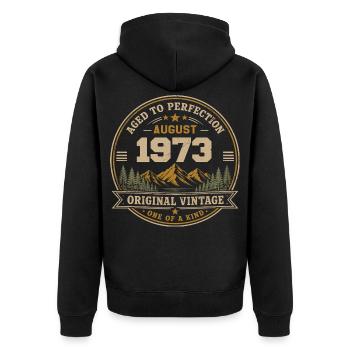 August 1973 Original Birthday Vintage Mountain - Unisex Premium Bio Zip Hoodie - Schwarz - Hinten - Nico (187cm)