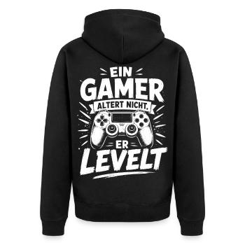 Ein Gamer altert nicht, er levelt - Unisex Premium Bio Zip Hoodie - Schwarz - Hinten - Nico (187cm)