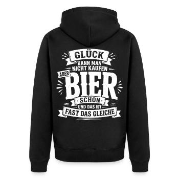 Glück kann man nicht kaufen, aber Bier schon - Unisex Premium Bio Zip Hoodie - Schwarz - Hinten - Nico (187cm)
