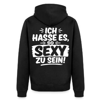 Ich hasse es, so sexy zu sein - Unisex Premium Bio Zip Hoodie - Schwarz - Hinten - Nico (187cm)