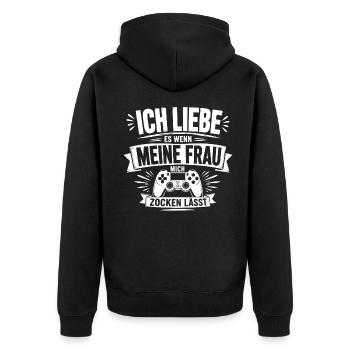 Ich liebe es, wenn meine Frau mich zocken lässt - Unisex Premium Bio Zip Hoodie - Schwarz - Hinten - Nico (187cm)