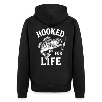 Angler T-Shirt Hooked for Life – Fisch am Haken - Unisex Premium Bio Zip Hoodie - Schwarz - Hinten - Nico (187cm)