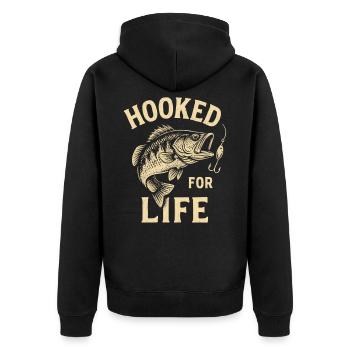 Angler T-Shirt Hooked for Life – Fisch am Haken - Unisex Premium Organic Zip Hoodie - black - Back - Nico (187cm)