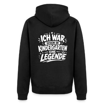 Ich war schon im Kindergarten eine Legende - Unisex Premium Bio Zip Hoodie - Schwarz - Hinten - Nico (187cm)