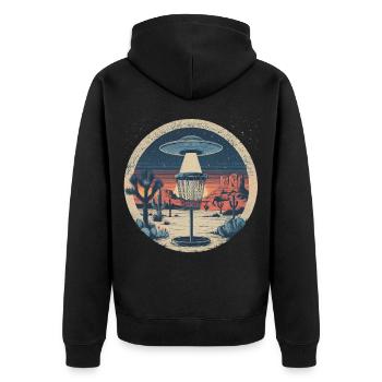 Disc Golf Putter UFO Basket Retro Vintage Desert After - Unisex Premium Organic Zip Hoodie - black - Back - Nico (187cm)