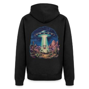 Disc Golf Korb UFO Wüste Retro Vintage Sci-Fi Moti - Unisex Premium Bio Zip Hoodie - Schwarz - Hinten - Nico (187cm)