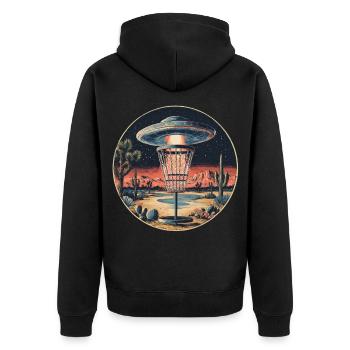 Disc Golf Starter UFO Korb Retro Vintage Wüste Ste - Unisex Premium Bio Zip Hoodie - Schwarz - Hinten - Nico (187cm)