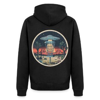 Disc Golf Scheiben UFO Retro Vintage Wüste Korb - Unisex Premium Bio Zip Hoodie - Schwarz - Hinten - Nico (187cm)