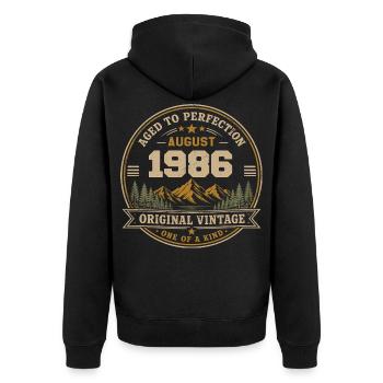 August 1986 Original Birthday Vintage Mountain - Unisex Premium Bio Zip Hoodie - Schwarz - Hinten - Nico (187cm)
