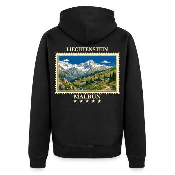 Liechtenstein Malbun Vintage Reisemarke - Unisex Premium Bio Zip Hoodie - Schwarz - Hinten - Nico (187cm)